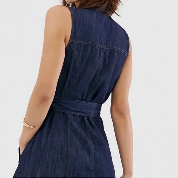 Warehouse Denim Mini Dress Sleeveless Tie Waist Pockets Dark Wash Size 6 Small - Picture 7 of 10